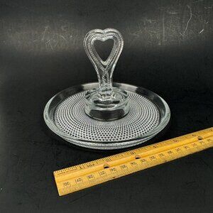 Vtg Round Small Clear Glass Dish Candy Trinket Heart Center Handle Textured READ